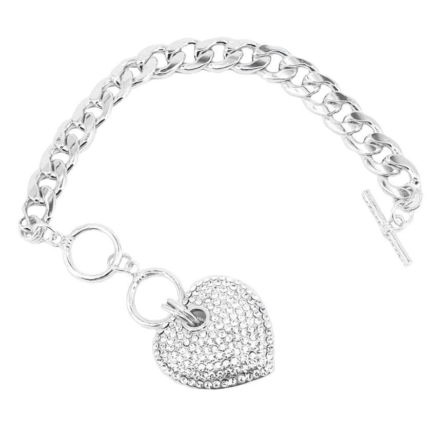 Rhodium Rhinestone Embellished Heart Charm Toggle Bracelet. Look like the ultimate fashionista with these bracelets! Add something special to your outfit this Valentine! special It will be your new favorite accessory. Perfect Birthday Gift, Anniversary Gift, Mother's Day Gift, Anniversary Gift, Graduation Gift, Prom Jewelry, Valentine's Day Gift, Thank you Gift.