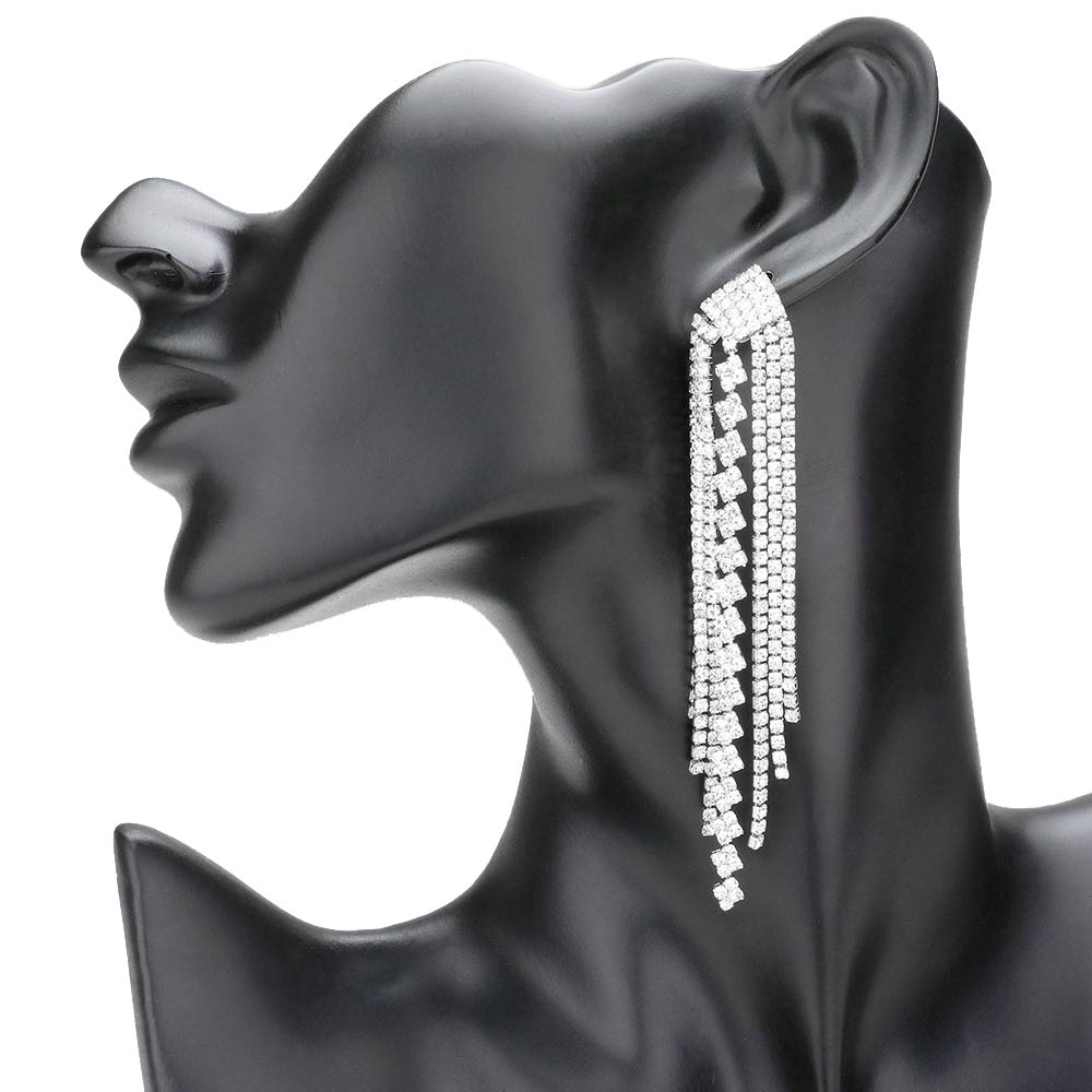 Rhodium Rhinestone Fringe Dangle Evening Earrings, completed the appearance of elegance and royalty to drag the attention of the crowd on special occasions. Excellent to wear at weddings, receptions, graduation, etc. to show your royalty and trendy choice. Perfect for birthdays, anniversaries, Mother's Day or graduation gifts.