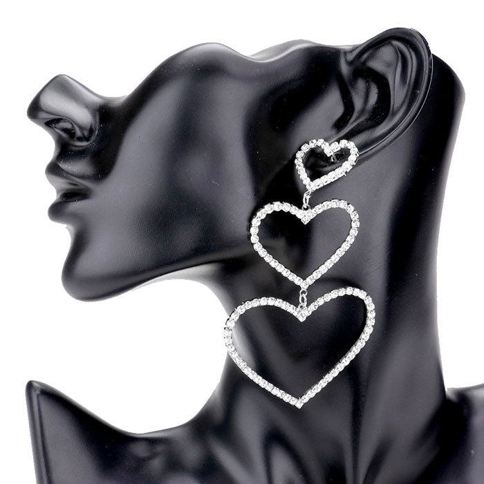 Rhodium Rhinestone Triple Open Heart Link Dangle Earrings. Beautifully crafted design adds a gorgeous glow to any outfit. Jewelry that fits your lifestyle! Perfect Birthday Gift, Anniversary Gift, Mother's Day Gift, Graduation Gift, Prom Jewelry, Just Because Gift, Thank you Gift, Valentine's Day Gift.