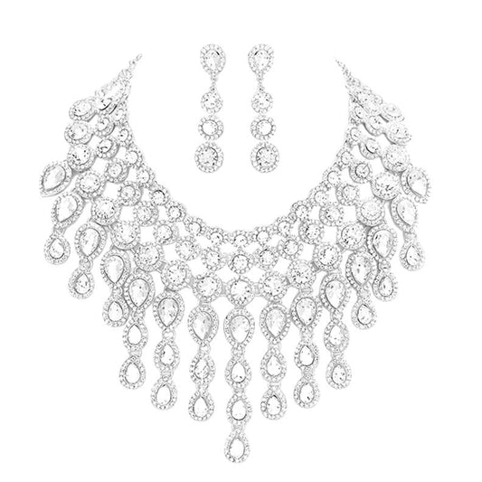 Rhodium Round Teardrop Stone Cluster Evening Bib Necklace, This gorgeous jewelry set will show your class on any special occasion. The elegance of these stones goes unmatched, great for wearing at a party! stunning jewelry set will sparkle all night long making you shine like a diamond on special occasions. Perfect jewelry to enhance your look and for wearing at parties, weddings, date nights, or any special event.