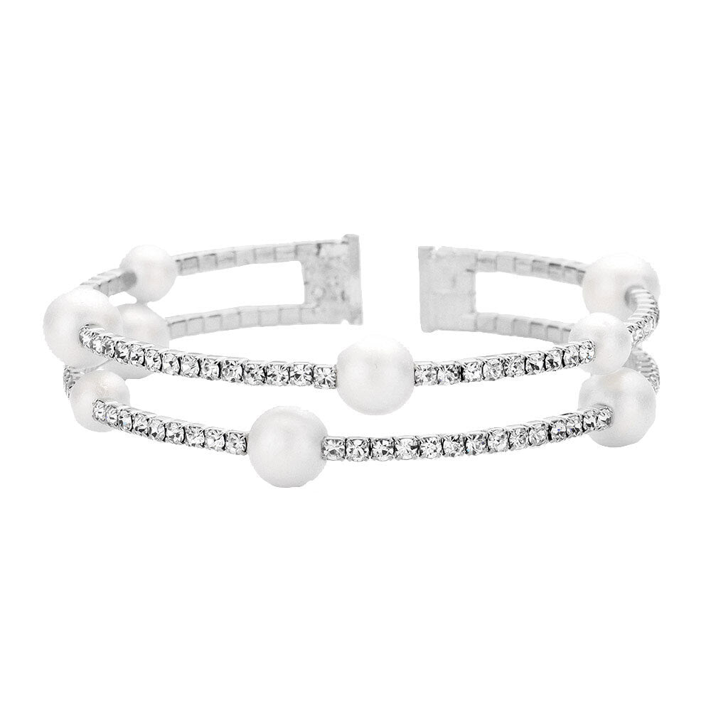 Silver Pearl Accented Rhinestone Split Cuff Bangle Bracelet Special Occasion. Rows of dazzling rhinestones & an open end for easy flexible fit. Get cuffed with glitz & glam in this sparkling crystal cuff! Birthday Gift, Christmas GIft, Prom, Weddings, Quinceanera, Graduation, Holiday Parties, Regalo Navidad, Regalo Cumpleanos