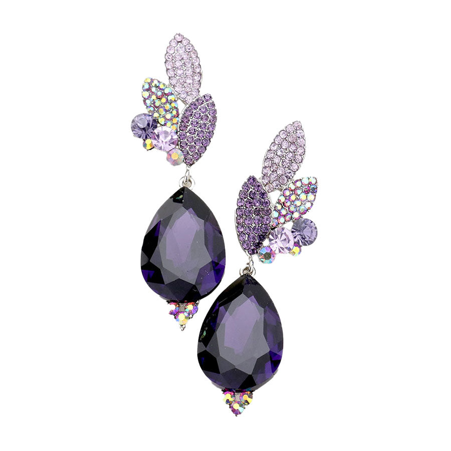 Rhodium Tanzanite Crystal Rhinestone Pave Leaf Teardrop Evening Earrings. Add a pop of color to your ensemble, just the right amount of shimmer & shine, touch of class, beauty and style to any special events. Perfect Birthday Gift, Anniversary Gift, Mother's Day Gift, Graduation Gift.