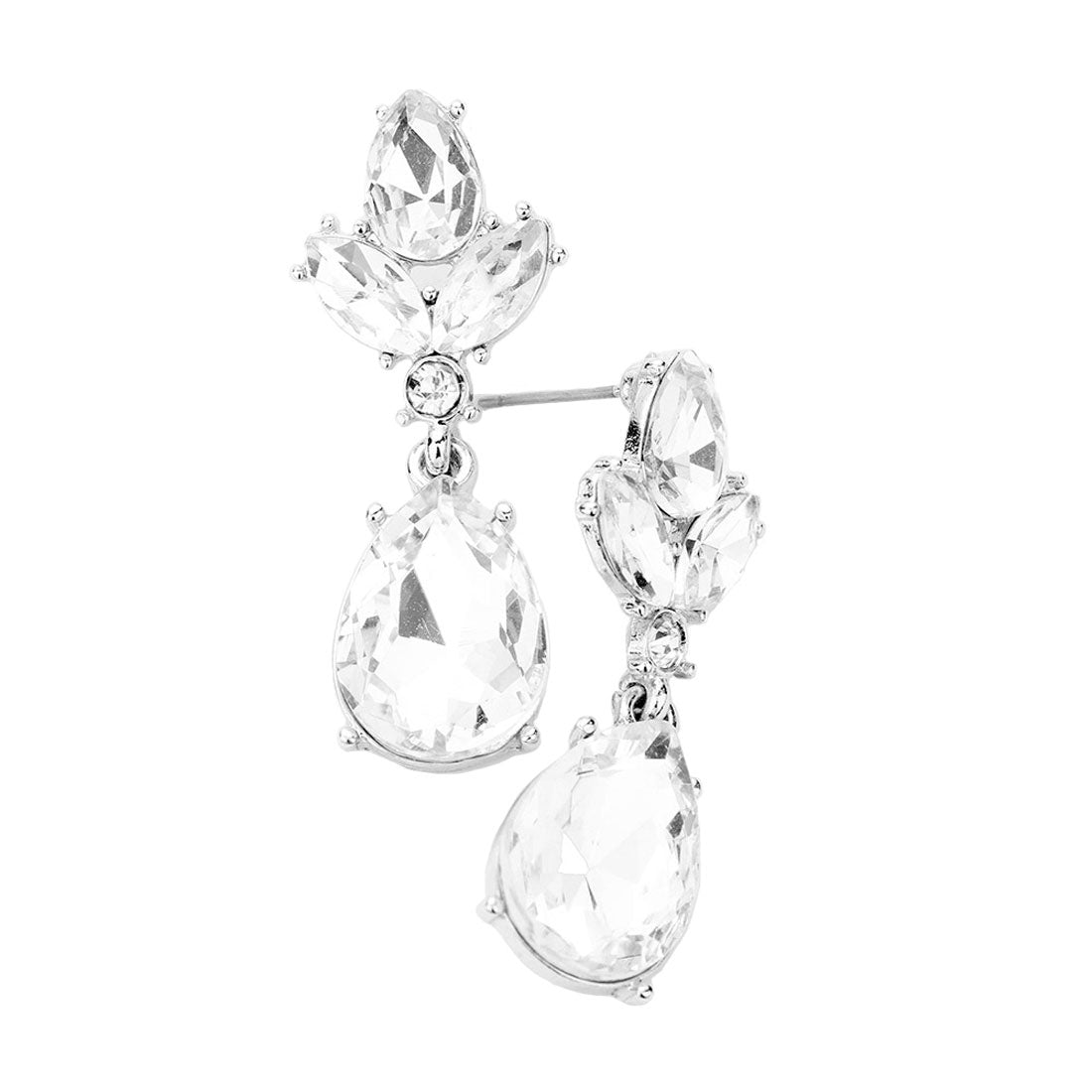 Rhodium Teardrop Stone Dangle Evening Earrings. Classic, Elegant dangle evening earrings for special occasion, ideal for parties, weddings, graduation, prom, holidays, pair these evening earrings with any ensemble for a polished look. These earrings pair perfectly with any ensemble from business casual, to night out on the town or a black tie party. Also makes a great gift for a loved one or for yourself.