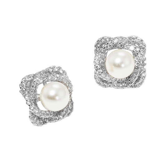 Rhodium White Gold Dipped CZ Pearl Rose Stud Earrings. The perfect assortment of beautiful earrings, pair these glitzy studs with any ensemble for a polished & sophisticated look. Make your women feel special with this gorgeous earrings gift! Her heart will swell with joy! Ideal for dates, Birthday Gift, Anniversary Gift, Mother's Day Gift, Graduation Gift, Just Because Gift, Thank you Gift.