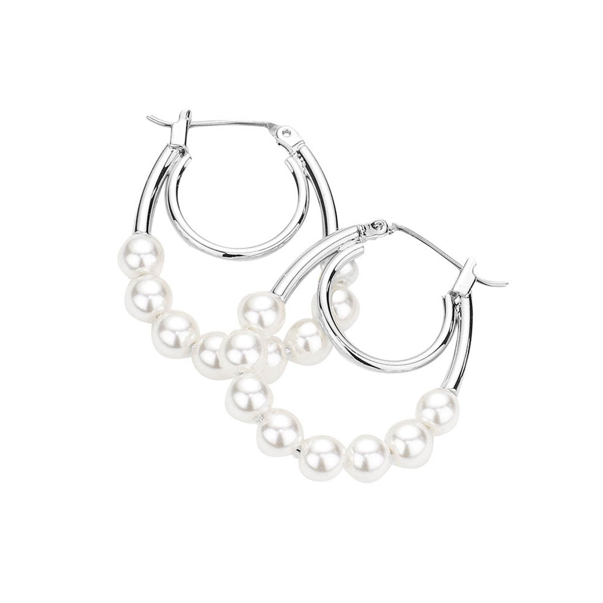 Rhodium White Pearl Pin Catch Hoop Earrings. adds a sophisticated glow & eye-catching style to any outfit, coordinate these exquisite hoop earrings with any ensemble from business casual  wear, ideal for parties, events, holidays. Perfect Birthday Gift, Anniversary Gift, Mother's Day Gift, Anniversary Gift, Graduation Gift, Prom Jewelry, Just Because Gift, Thank you Gift.
