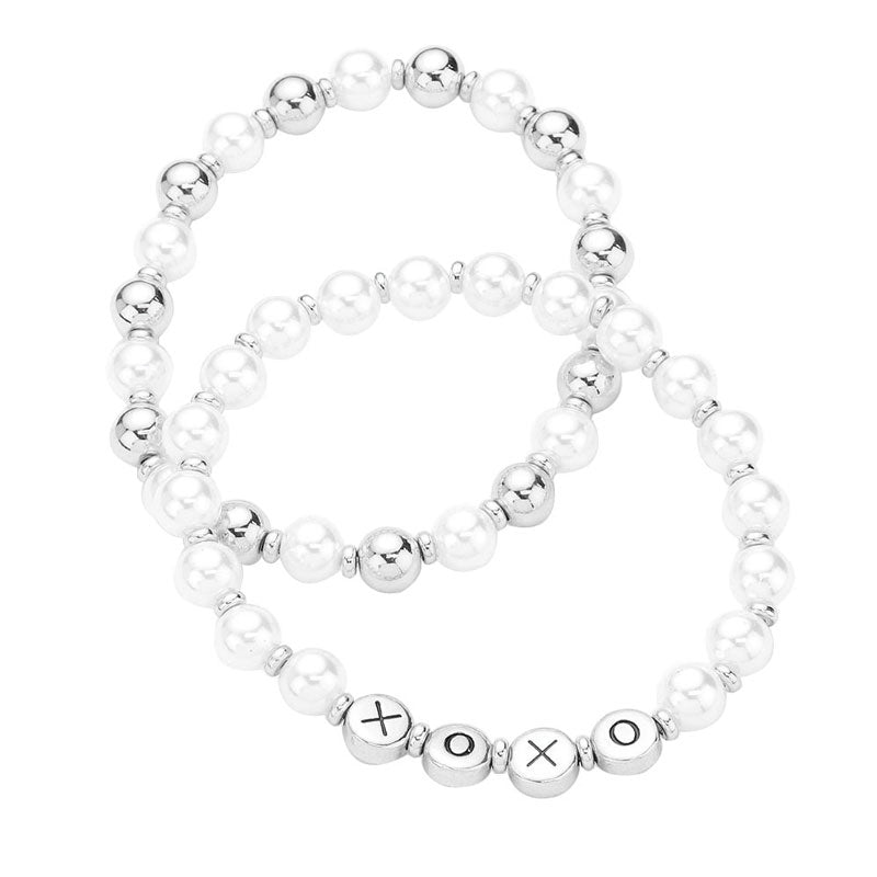 Rhodium XOXO Pearl Metal Ball Stretch Message Bracelets. Look like the ultimate fashionista with these bracelets! Add something special to your outfit this Valentine! special It will be your new favorite accessory. Perfect Birthday Gift, Anniversary Gift, Mother's Day Gift, Graduation Gift, Valentine's Day Gift.