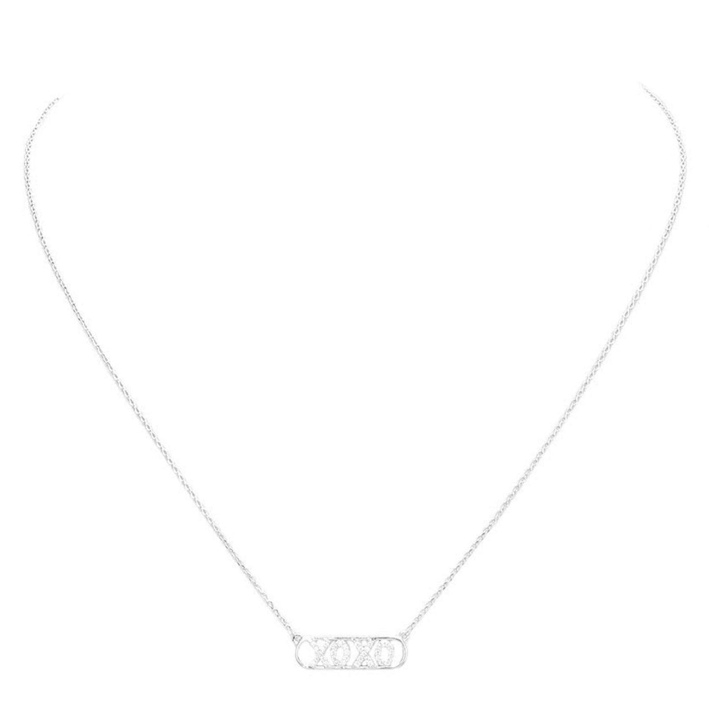 Rhodium Xoxo Brass Metal Rhinestone Embellished Message Pendant Necklace, Get ready with these Pendant Necklace, put on a pop of color to complete your ensemble. Perfect for adding just the right amount of shimmer & shine and a touch of class to special events. Perfect Birthday Gift, Anniversary Gift, Mother's Day Gift, Valentine's Day Gift.