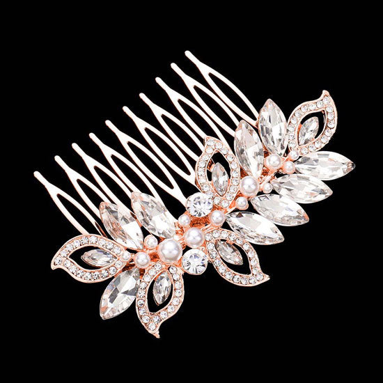 Rose Gold Pearl Marquise Stone Accented Leaf Hair Comb. Perfect for adding just the right amount of shimmer & shine, will add a touch of class, beauty and style to your wedding, prom, special events, embellished pearl stone to keep your hair sparkling all day & all night long. The elegant design will enhance your beauty, attracting everyone's attention and transforming you into a bright star to wear with this hair comb.