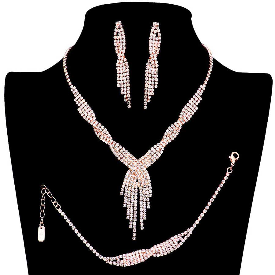 Rose Gold 3PCS Rhinestone Crystal Fringe Necklace Jewelry Set, These gorgeous Rhinestone 3 pieces jewelry will show your class on any special occasion. The elegance of these rhinestones goes unmatched, great for wearing at a party! Perfect for adding just the right amount of glamour and sophistication to important occasions. These classy fringe themed necklaces are perfect for parties, Weddings, and Evenings. Awesome gift for birthdays, anniversaries, Valentine‚Äö√Ñ√¥s Day, or any special occasion.