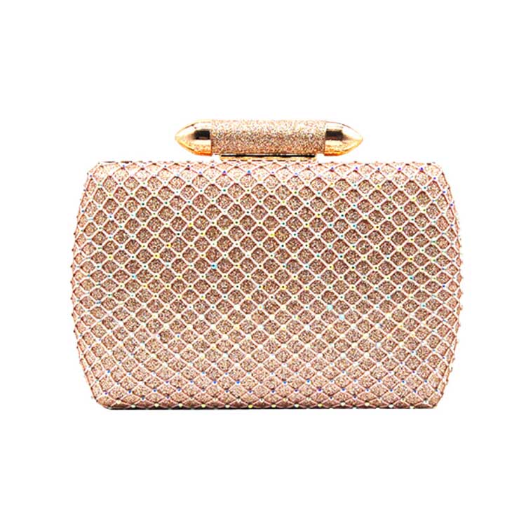 Rose Gold Bling Rectangle Evening Clutch Crossbody Bag, These Bling details Clutch bags are fit for all occasions and places. perfect for makeup, money, credit cards, keys or coins, and many more things. This handbag features a top Clasp Closure for security and contains a detachable shoulder chain that makes your life easier and trendier. Its catchy and awesome appurtenance drags everyone's attraction to you. Perfect gift ideas for a Birthday, Holiday, Christmas, Anniversary, Valentine's Day, etc. 