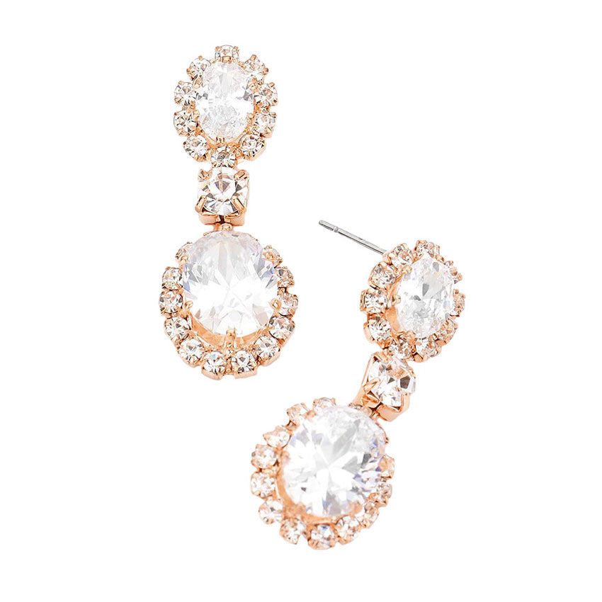 Rose Gold CZ Double Oval Accented Dangle Evening Earrings. Beautifully crafted design adds a gorgeous glow to any outfit. Jewelry that fits your lifestyle! Perfect Birthday Gift, Anniversary Gift, Mother's Day Gift, Anniversary Gift, Graduation Gift, Prom Jewelry, Just Because Gift, Thank you Gift.