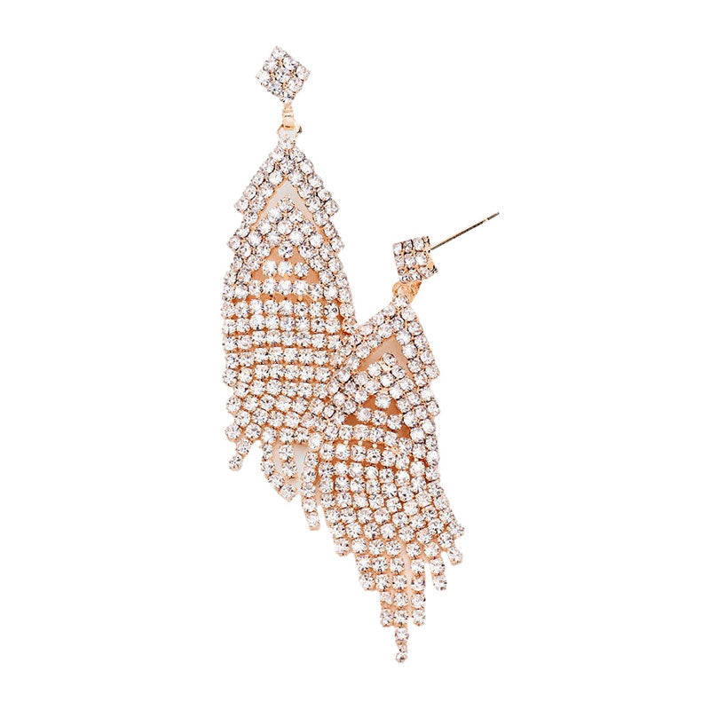 Rose Gold Crystal Rhinestone Drop Evening Earrings, elegance becomes you in these lightweight and playful, shiny glamorous studs, the perfect sparkling accessory to add some sophisticated fun to your next social event. Throw your hair up and show off how artfully these exquisite earrings sway! Perfect gift for Birthday, Anniversary, Christmas, Just Because, Mother's Day Gift or any occasion.