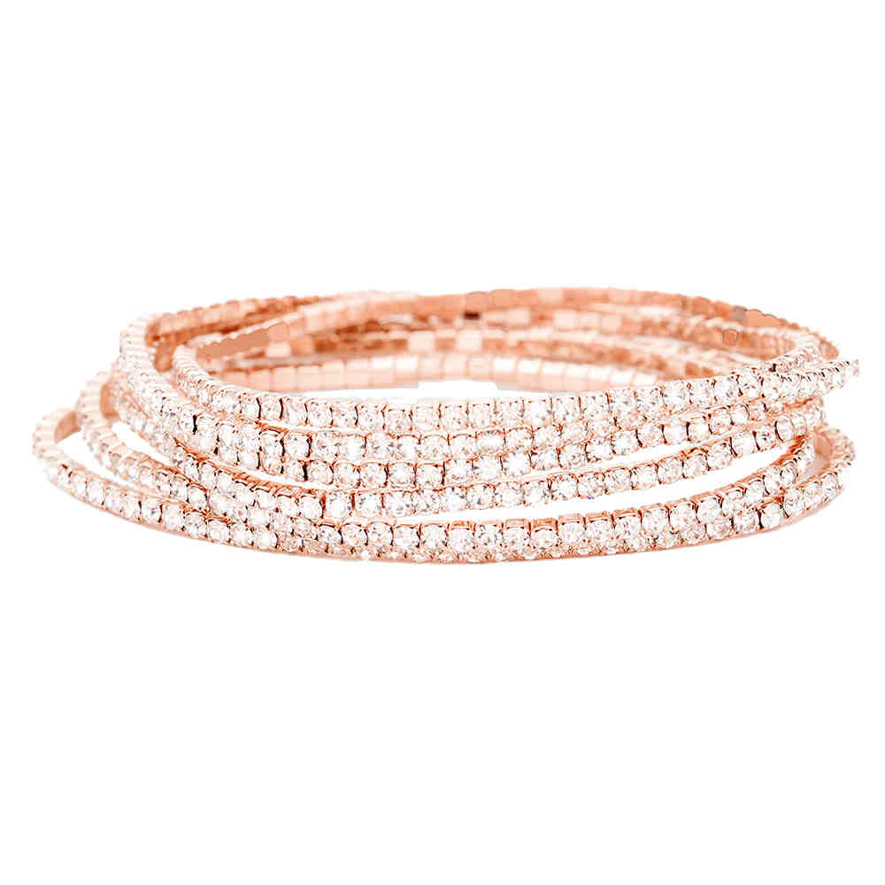 Rose Gold 6pcs Crystal Rhinestone Stretch Layered Bracelets, beautiful crystal clear rhinestones; add this 6 piece layered bracelet to light up any outfit, feel absolutely flawless. Fabulous fashion and sleek style. Perfect Birthday Gift, Anniversary Gift, Mother's Day Gift, Thank you Gift, 