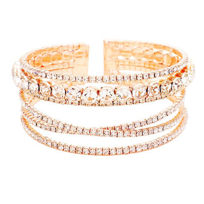 Rose Gold Crystal Round Rhinestone Pave Cuff Bracelet, these rhinestone bracelets can light up any outfit, and make you feel absolutely flawless everywhere and even at any special occasion. Fabulous fashion and crystal round style adds a pop of pretty color to your attire that brings compliments to you. Coordinate with any ensemble from business casual to everyday wear and even special occasion outfits. Add something special to your outfit at any special occasion! 