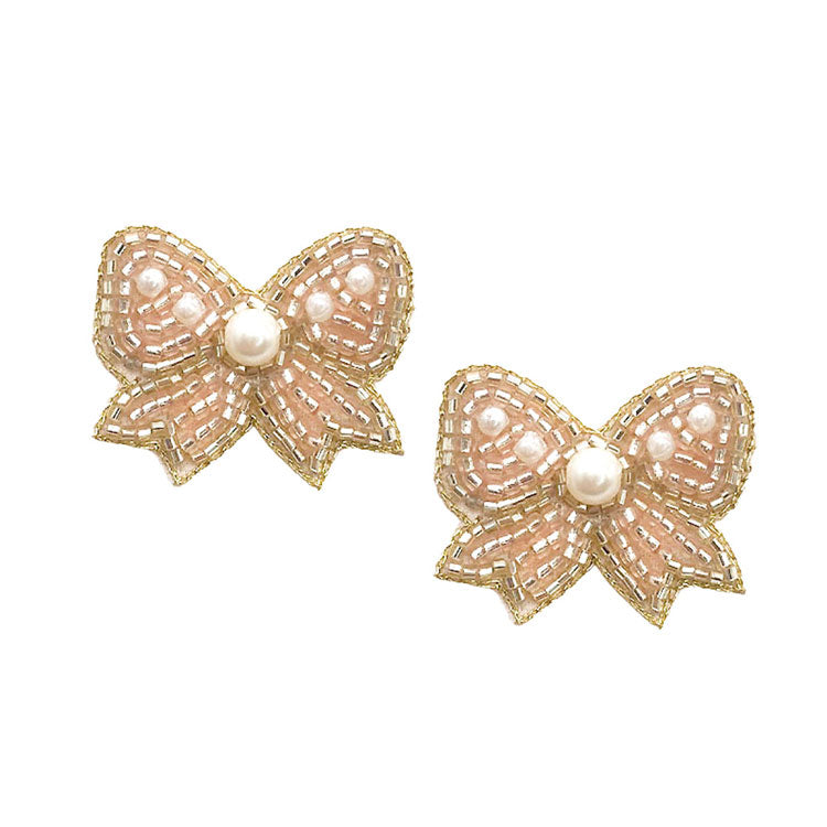 Rose Felt Back Pearl Seed Beaded Bow Earrings. perfect for the festive season, embrace the occasion spirit with these cute enamel Bow Earrings, these sweet delicate gift earrings are sure to bring a smile to your face. Surprise your loved ones on beautiful occasion. Great gift idea for Wife, Mom, or your Loving One.