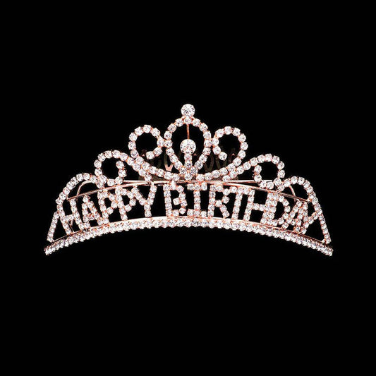 Rose Gold Happy Birthday Rhinestone Party Tiara. Turn any cake into a royal treat for your daughter's princess themed birthday party with this Tiara. Ideal for dolling up the guest of honor on her special day, this party tiara also makes a fun cake decoration. Add it to a gift for the birthday girl or lay it at her place setting to be donned right before she blows out the candles on her birthday cake.