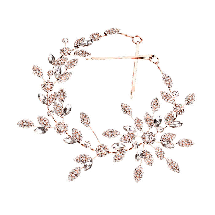Rose Gold Marquise Stone Accented Rhinestone Leaf Cluster Vine Wrap Headpiece. Perfect for adding just the right amount of shimmer & shine, will add a touch of class, beauty and style to your wedding, prom, special events, embellished glass crystal to keep your hair sparkling all day & all night long.