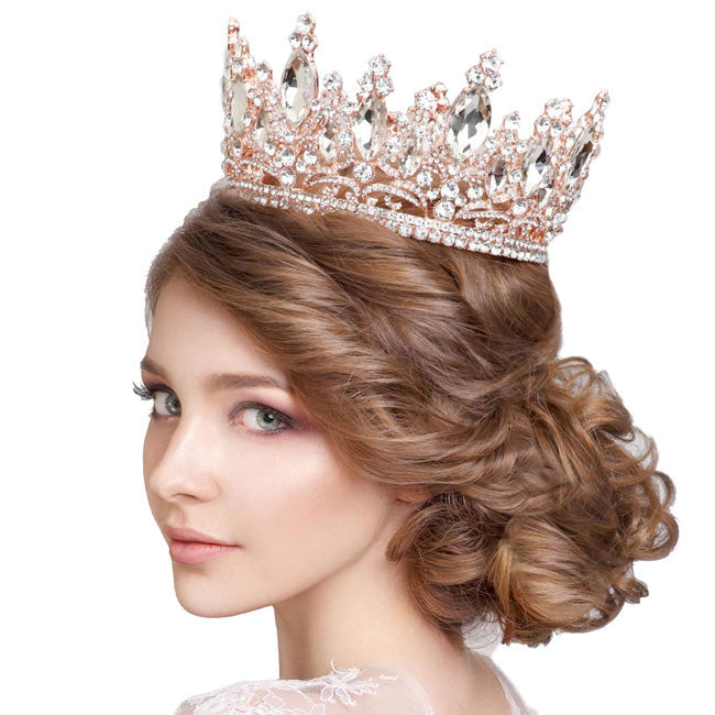 Rose Gold Oval Stone Accented Pageant Crown Tiara, perfect headpiece for adding just the right amount of shimmer & shine, will add a touch of class, beauty and style to your wedding, bridal, prom, special events, graduation, Quinceanera, Sweet 16, Embellished glass crystal tiara affordable elegance to feel like a queen!