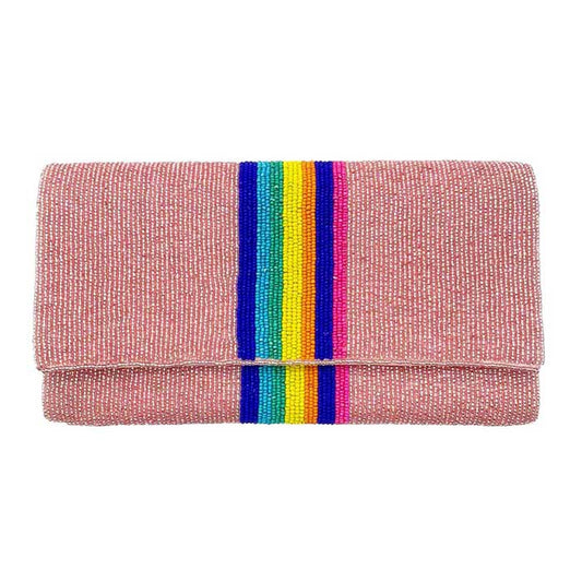 Rose Gold Rainbow Color Block Seed Beaded Clutch Crossbody Bag, Look like the ultimate fashionista when carrying this small Clutch bag, great for when you need something small to carry or drop in your bag. Keep your keys handy & ready for opening doors as soon as you arrive. Perfect Birthday Gift or any other events.