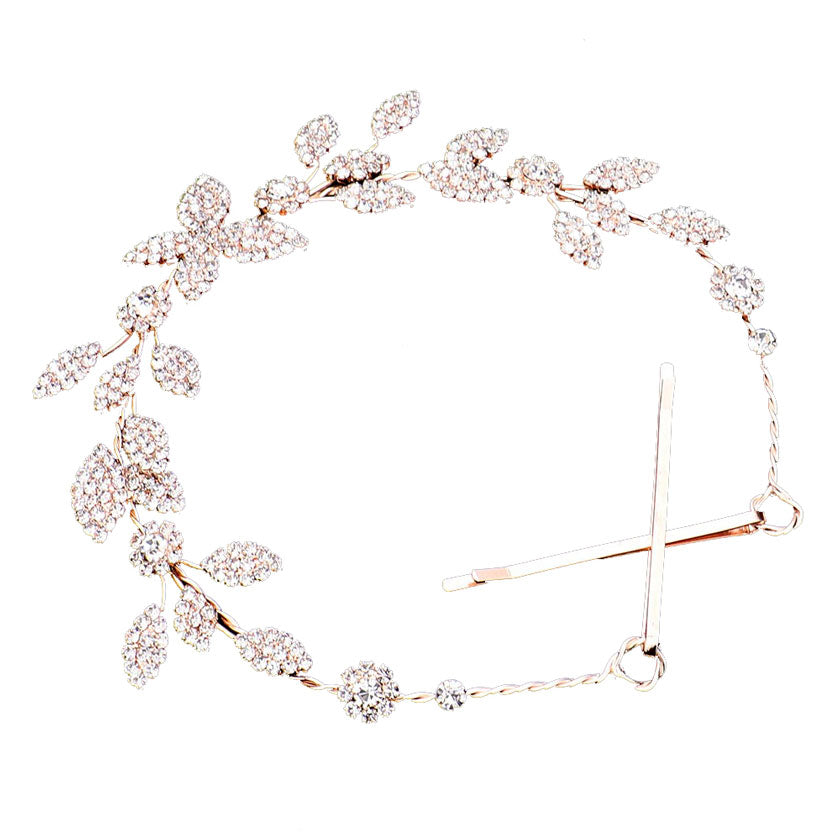 Rose Gold   Rhinestone Embellished Leaf Cluster Vine Bun Wrap Headpiece. Perfect for adding just the right amount of shimmer & shine, will add a touch of class, beauty and style to your wedding, prom, special events, embellished glass crystal to keep your hair sparkling all day & all night long