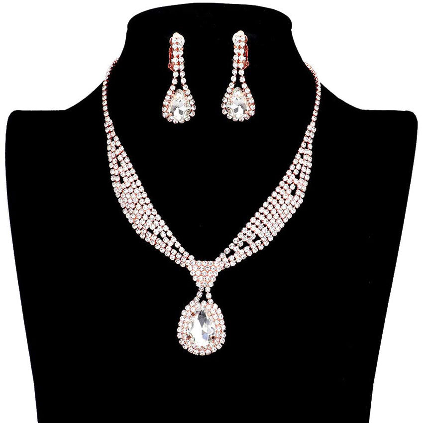Rose Gold Rhinestone Pave Teardrop Collar Necklace & Clip Earring Set, stunning jewelry set will sparkle all night long making you shine out like a diamond. perfect for a night out on the town or a black tie party, Perfect Gift, Birthday, Anniversary, Prom, Mother's Day Gift, Sweet 16, Wedding, Quinceanera, Bridesmaid.