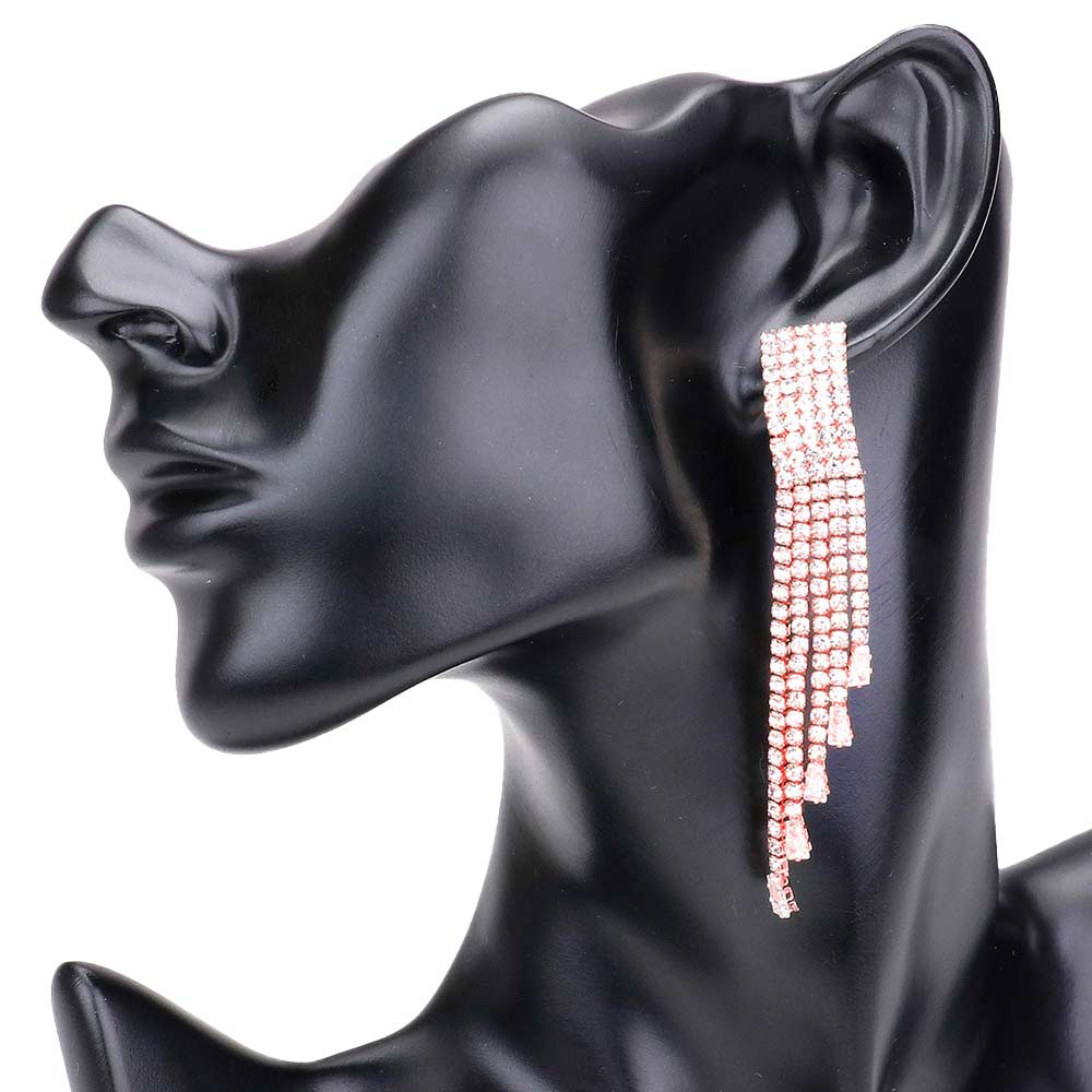 Rose Gold Rhinestone Rectangle Fringe Dangle Evening Earrings, is beautifully designed to hang on your earlobes to glow and drag the attraction of the crowd on any special occasion. Put on a pop of color to complete your ensemble for the special occasion. The beautifully crafted fringe design adds a gorgeous glow to any outfit to make you more confident. Perfect jewelry gift to expand a woman's fashion wardrobe with a modern, on-trend style.