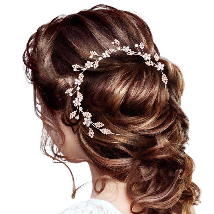 Rose Gold  Stone Embellished Flower Cluster Vine Bun Wrap Headpiece, Keep your hairstyle as glamorous as you are with this Stone headpiece! Add spectacular sparkle into your hair do. Perfect for adding just the right amount of shimmer & shine, will add a touch of class, beauty and style to your wedding, prom, special events, embellished flower leaf cluster to keep your hair sparkling all day & all night long. 