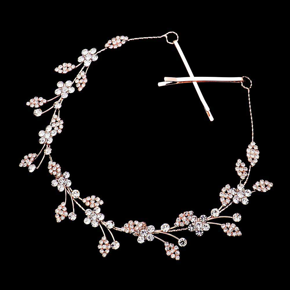 Rose Gold  Stone Embellished Flower Cluster Vine Bun Wrap Headpiece, Keep your hairstyle as glamorous as you are with this Stone headpiece! Add spectacular sparkle into your hair do. Perfect for adding just the right amount of shimmer & shine, will add a touch of class, beauty and style to your wedding, prom, special events, embellished flower leaf cluster to keep your hair sparkling all day & all night long. 