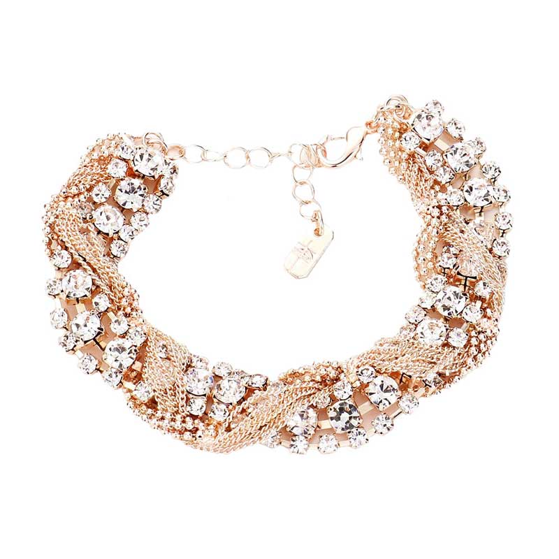 Rose Gold Tangled Chain Crystal Rhinestone Evening Bracelet, this Crystal Rhinestone Bracelet sparkles all around with it's surrounding round stones, stylish evening bracelet that is easy to put on, take off and comfortable to wear. It looks modern and is just the right touch to set off LBD. Fabulous gift, ideal for your loved one or yourself.