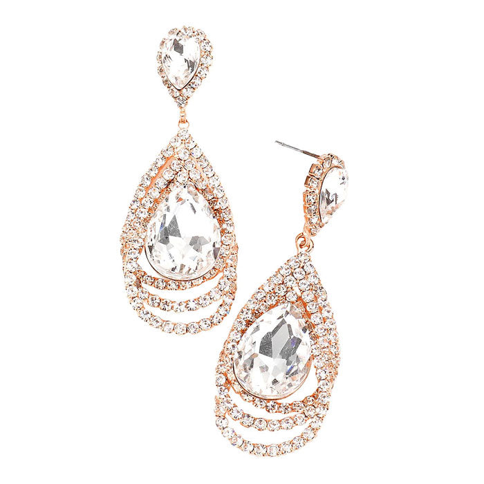 Rose Gold Teardrop Centered Rhinestone Trimmed Dangle Evening Earrings. Beautifully crafted design adds a gorgeous glow to any outfit. Jewelry that fits your lifestyle! Perfect Birthday Gift, Anniversary Gift, Mother's Day Gift, Anniversary Gift, Graduation Gift, Prom Jewelry, Just Because Gift, Thank you Gift.