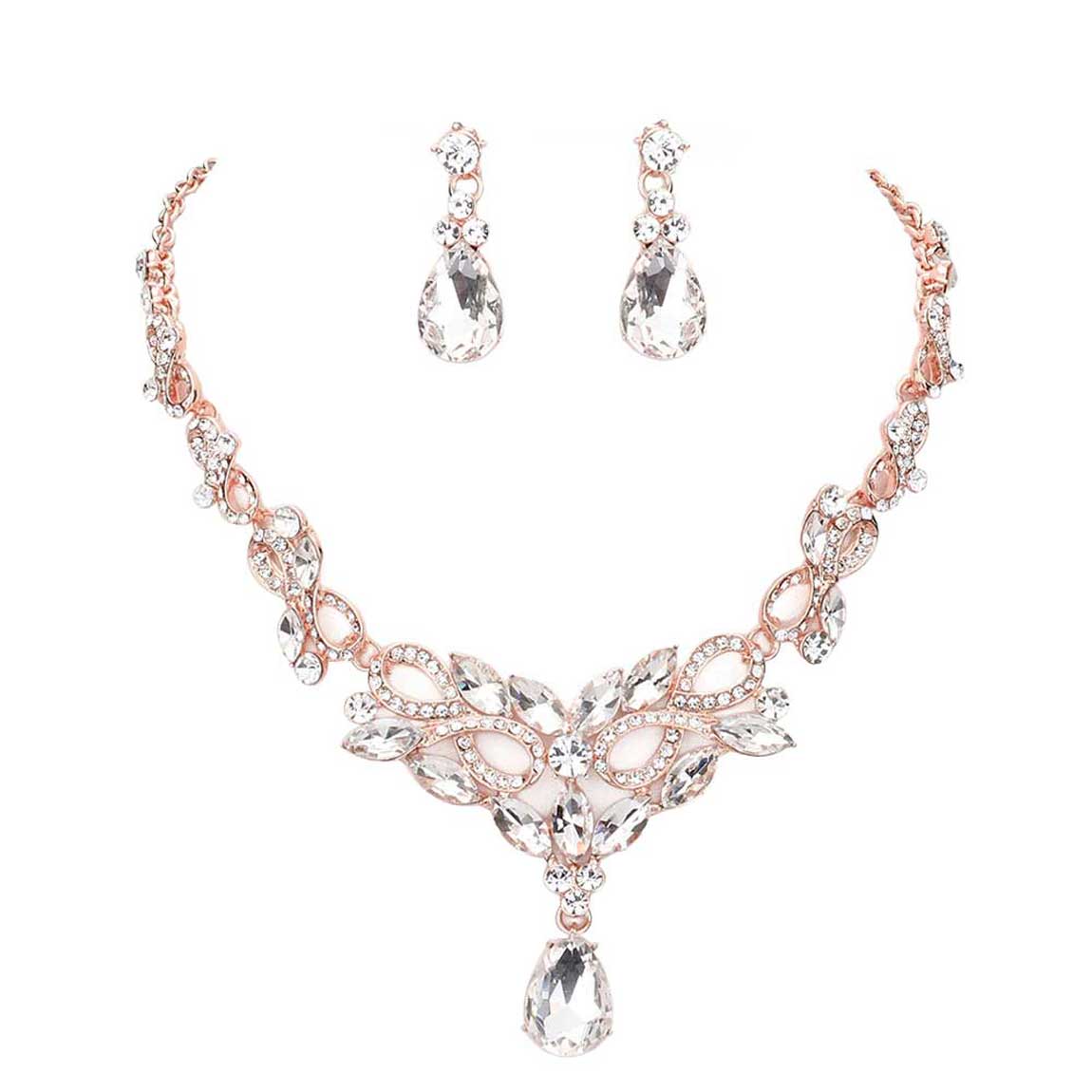 Rose Gold Teardrop Stone Accented Evening Necklace. Get ready with these stone necklaces, put on a pop of shine to complete your ensemble. Perfect for adding just the right amount of shimmer and a touch of class to special events. These classy jewelry sets are perfect for Party, Wedding and Evening. Awesome gift for birthday, Anniversary, Valentine’s Day or any special occasion.