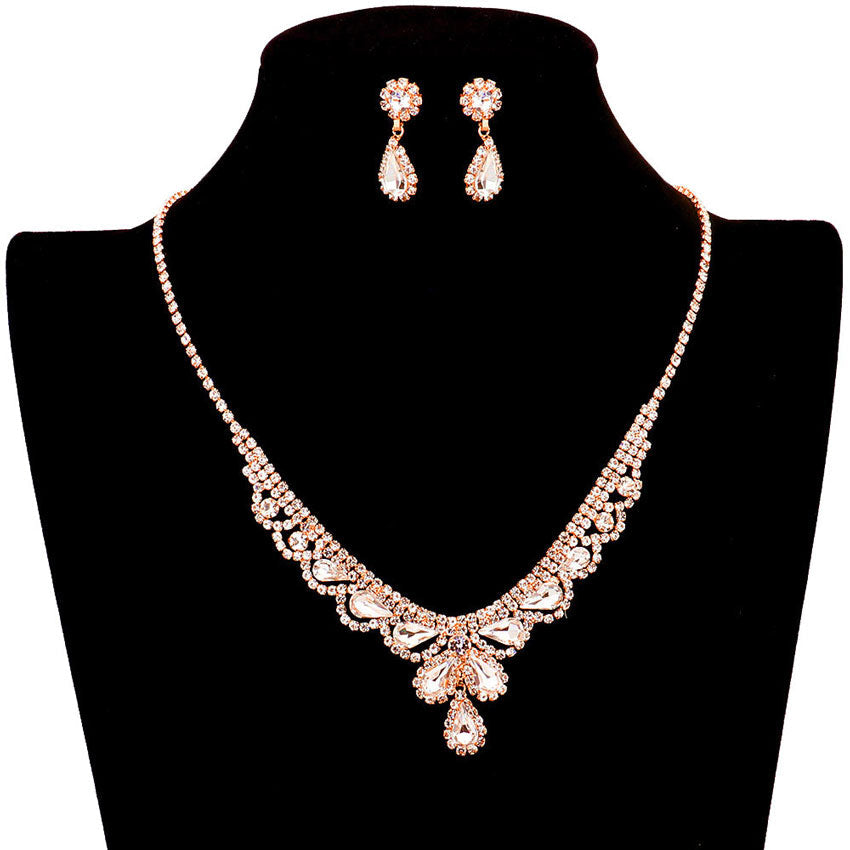 Rose Gold Teardrop Stone Accented Rhinestone Necklace, stunning jewelry set will sparkle all night long making you shine out like a diamond. simple sophistication makes a standout addition to your collection, designed to accent the neckline adds a gorgeous stylish glow to any outfit style, jewelry that fits your lifestyle! Perfect Birthday Gift, Valentine's Day Gift, Anniversary Gift, Mother's Day Gift, Just Because Gift.