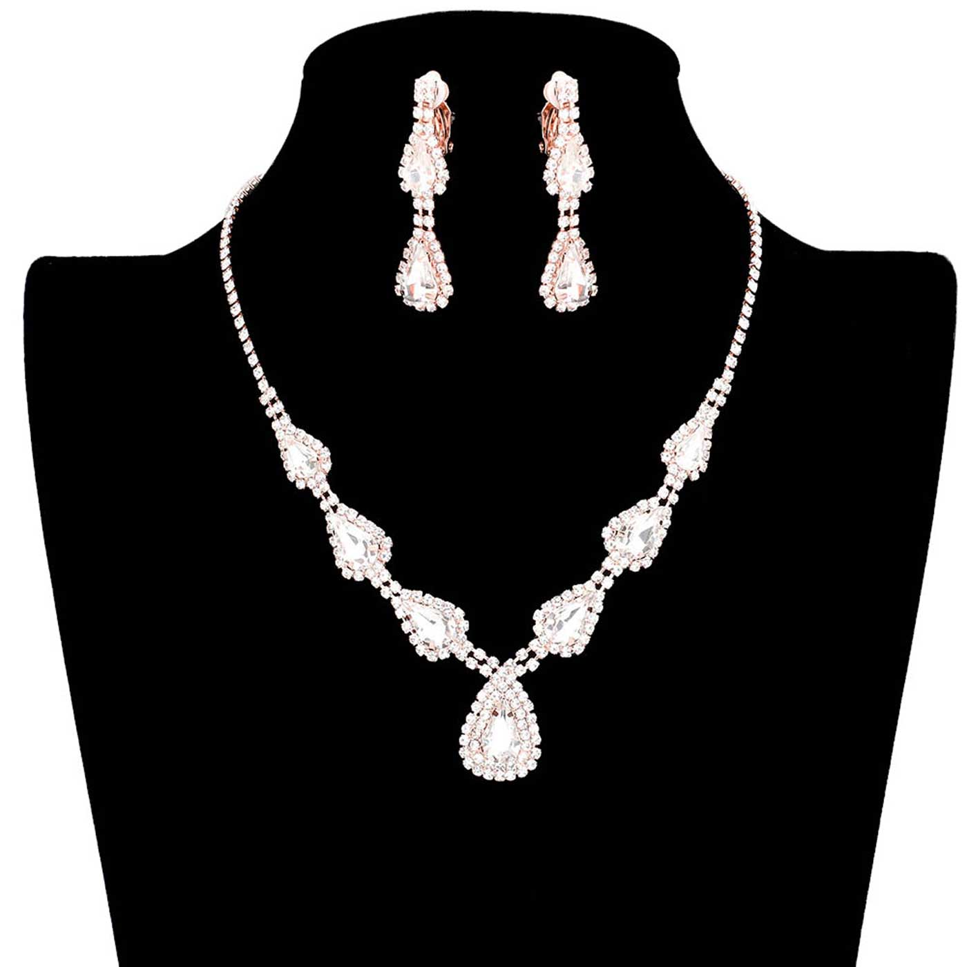 Rose Gold Teardrop Stone Accented Rhinestone Pave Necklace, brings a gorgeous glow to your outfit to show off the royalty on any special occasion. These gorgeous Rhinestone pieces will show your class in any special occasion. The elegance of these Rhinestone goes unmatched, great for wearing at a party! Perfect jewelry to enhance your look. Awesome gift for birthday, Anniversary or any special occasion.