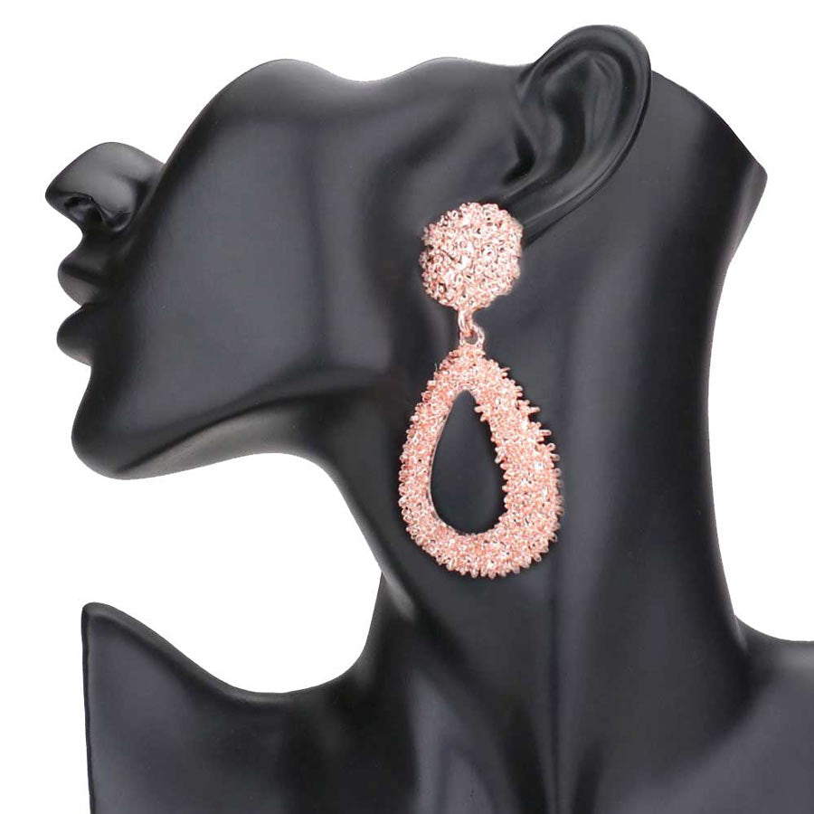 Rose Gold Textured Open Metal Teardrop Dangle Earrings, This earrings are classy and elegant, you will look stunning with this design. Look like the ultimate fashionista with these Earrings! Add something special to your outfit! It will be your new favorite accessory. Perfect Birthday Gift, Anniversary Gift, Mother's Day Gift, Graduation Gift, Prom Jewelry, Just Because Gift, Thank you Gift.