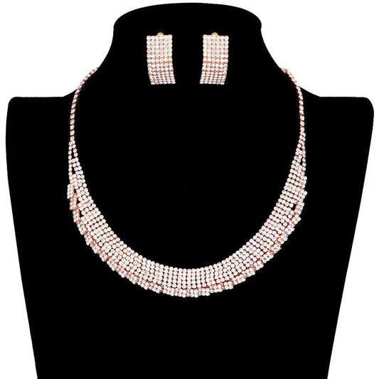 Rose Gold Trendy Crystal Rhinestone Pave Collar Necklace Earring Set. Stunning jewellery sets suits any style and occasion wear over your favorite tops and dresses this season!  Adds the perfect accent to your wardrobe. A timeless treasure designed to accent the neckline adds a gorgeous stylish glow to any outfit style, jewelry that fits your lifestyle! This piece is versatile and goes with practically anything! Fabulous gift, ideal for your loved one or yourself.