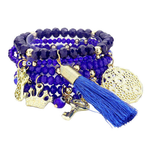 Royal Blue Angel Crown Evil Eye Key Tassel Charm Faceted Beaded Stretch Bracelets. Beautifully crafted design adds a gorgeous glow to any outfit. Jewelry that fits your lifestyle! Perfect Birthday Gift, Anniversary Gift, Mother's Day Gift, Anniversary Gift, Graduation Gift, Prom Jewelry, Just Because Gift, Thank you Gift.