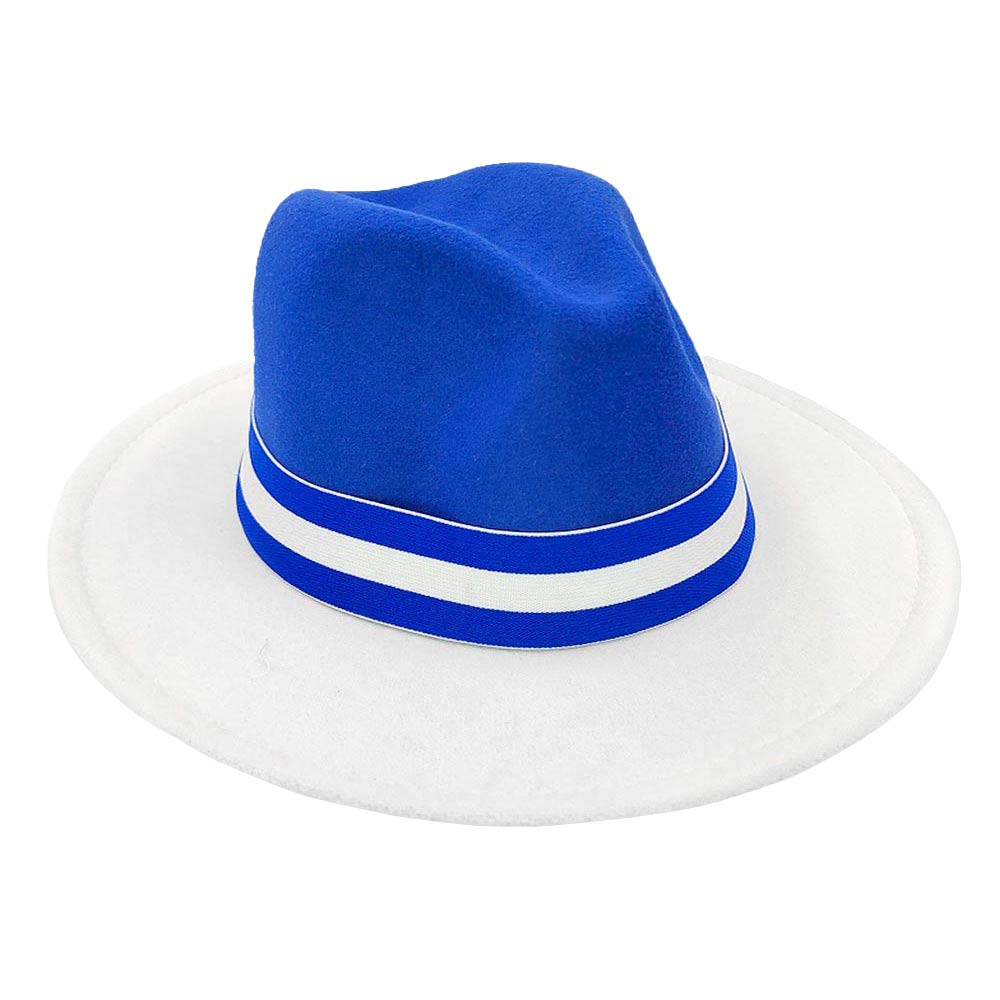 Royal Blue Color Blocked Fedora Hat, fashionable design and vibrant color will make you more attractive. It's a great accessory for any outfit. whether you’re basking under the summer sun at the beach, lounging by the pool, or kicking back with friends at the lake, a great hat can keep you cool and comfortable even when the sun is high in the sky. 