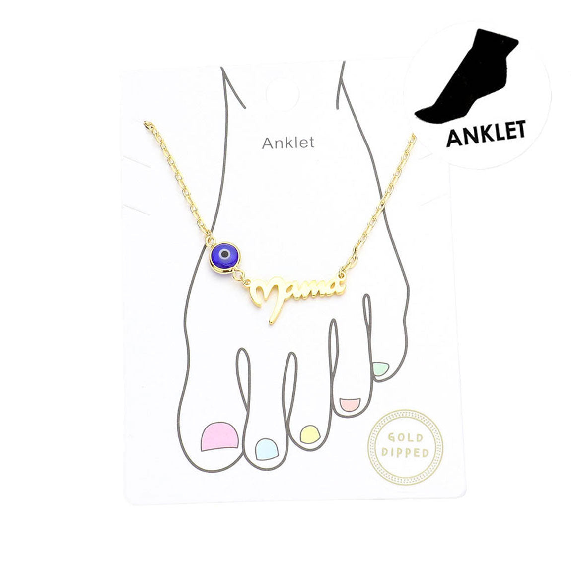 Red Evil Eye Pointed Gold Dipped Mama Metal Message Charm Anklet. Add lots of fun to your ankles & show off a pretty pedi in this glam anklet. Anklet message adds a sweet finishing touch making it the ultimate accessory for bare legs and beach days. Pack it for your next getaway and pair it with sandals, heels and more. Perfect gift ideas for your friends, Birthday gift, Anniversary, Getaway, Vacation, just for fun.