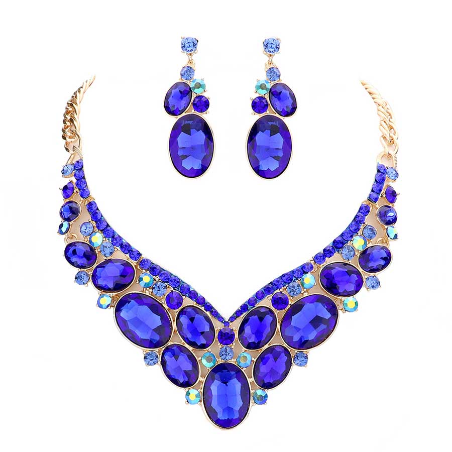 Royal Blue Oval Glass Crystal Evening Necklace, Glass Statement Crystal stunning jewelry set will sparkle all night long making you shine out like a diamond. make a stylish addition to your fashion necklace and jewelry collection. put on a pop of color to complete your ensemble. perfect for a night out on the town or a black tie party, Perfect Gift, Birthday, Anniversary, Prom, Mother's Day Gift, Wedding, Bridesmaid etc.