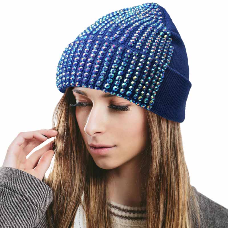 Royal Blue Single Sided Studded Knit Beanie Hat, The beanie hat is made of soft, gentle, skin-friendly, and elastic fabric, which is very comfortable to wear. This Single Sided design is embellished with a shimmering Studded for the ultimate glam look! It provides warmth to your head and ears, protects you from the wind, chill & cold weather, and becomes your ideal companion in autumn and winter. Suitable for wearing for a variety of outdoor activities.