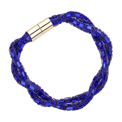 Royal Blue Stone Embellished Twisted Magnetic Bracelet, Glam up your look with this Magnetic bracelet. Make your vibe extra sparkly with this eye-catching arm candy. The magnet clasp keeps the bracelet secure on your wrist and makes it easy to wear and take off. This wide Twisted- style bracelet works well as a statement jewelry piece. Awesome gift for birthday, Anniversary, Valentine’s Day or any special occasion.