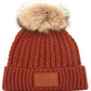 Rust C.C Double Braided Beanie Faux Fur Pom Pom & Leather Patch Winter Hat; reach for this classic toasty hat to keep you nice n warm in the chilly winter weather, the wintry touch finish to your outfit. Perfect Gift Birthday, Christmas, Holiday, Anniversary, Stocking Stuffer, Secret Santa, Valentine's Day, Loved One, BFF