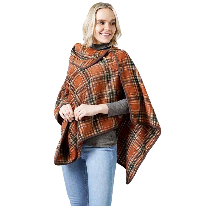 Rust Plaid Check Pattern Poncho With Button, is a beautifully designed and gorgeous looking one size poncho. The buttons and color variation make it more unique in style and give you better comfort than the regular one. You can throw it on over so many pieces elevating any casual outfit! Fashionable and eye-catcher wear that will quickly become one of your favorite accessories. A beautiful gift idea!