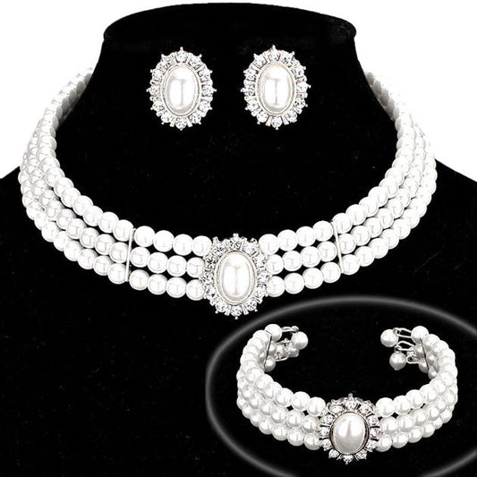 Silver White Rhinestone Trimmed Pearl Necklace Jewelry Set. Wear together or separate according to your event with different outfits to add perfect luxe and class with incomparable beauty.  Perfectly lightweight for wear. coordinate with any ensemble from business casual. A wonderful gift for birthdays, anniversaries, Valentine‚Äö√Ñ√¥s Day, or any special occasion. Have a praiseworthy look.