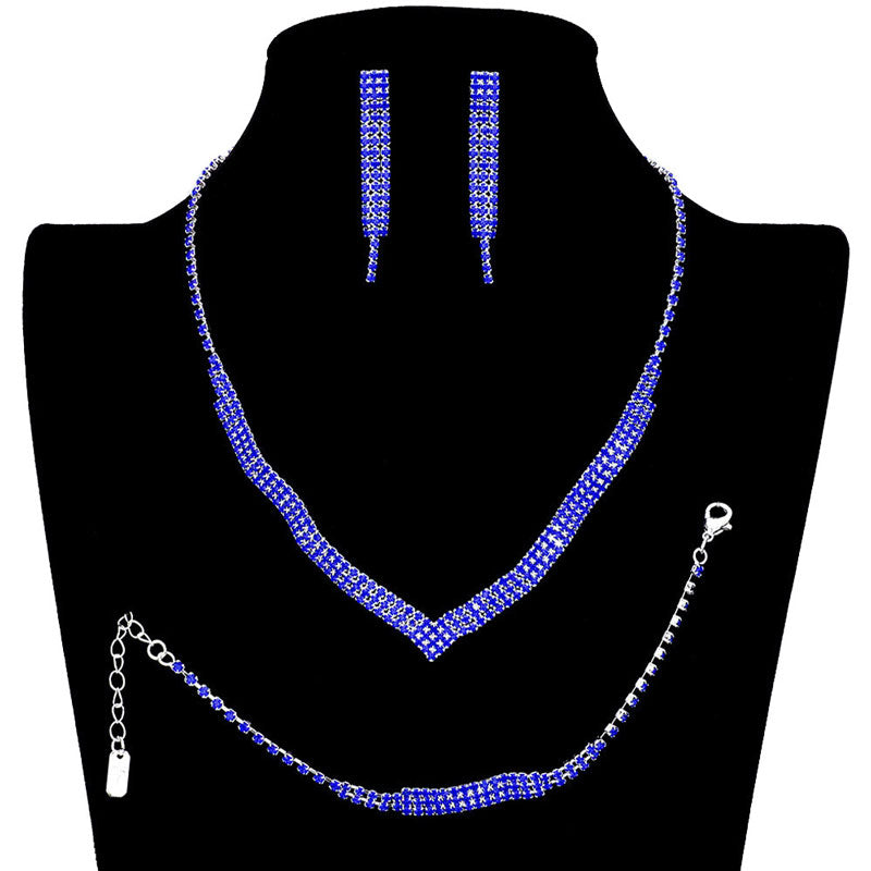 Sapphire 3PCS 3Rows Crystal Rhinestone Necklace Jewelry Set. These gorgeous Rhinestone pieces will show your class in any special occasion. The elegance of these Crystal goes unmatched, great for wearing at a party! . Perfect for adding just the right amount of glamour and sophistication to important occasions. These classy necklaces are perfect for Party, Wedding and Evening. Awesome gift for birthday, Anniversary, Valentine’s Day or any special occasion.