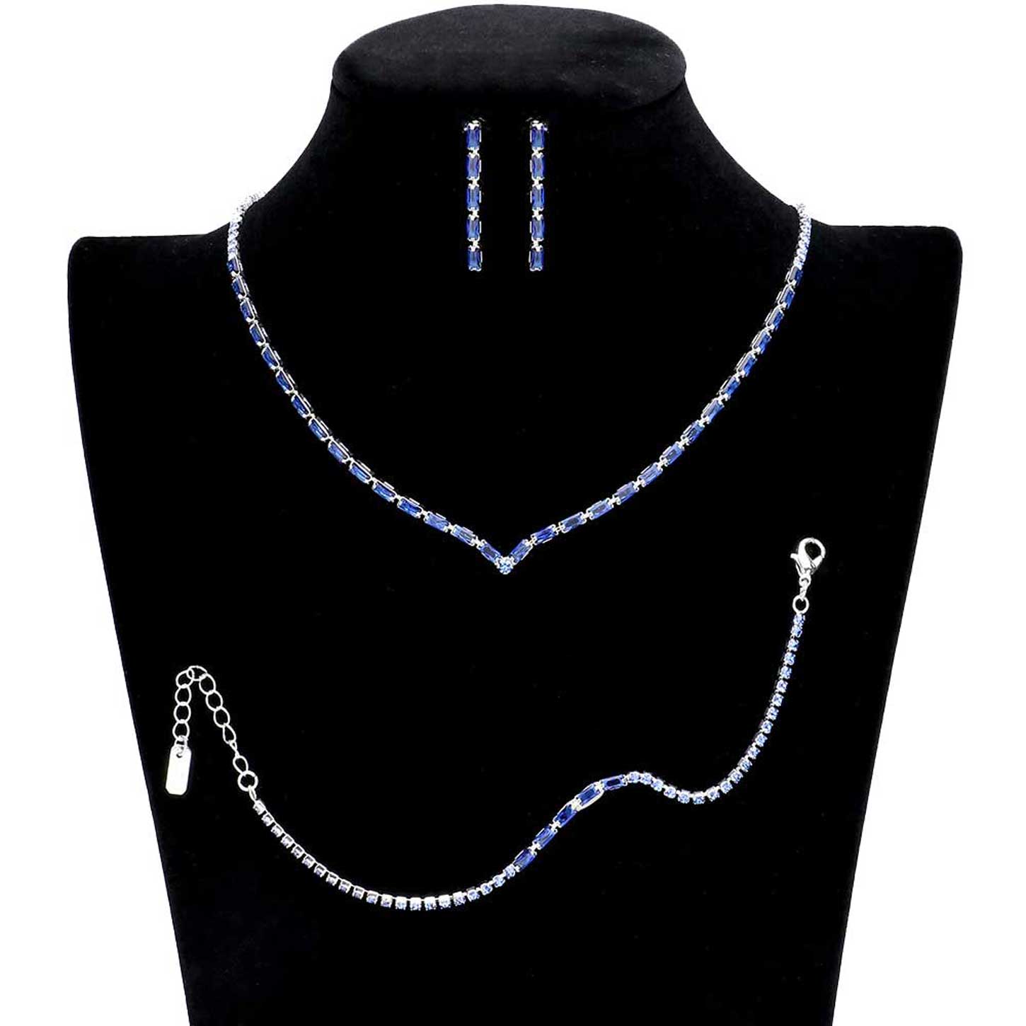 Sapphire 3PCS Chevron Accented Rectangle Stone Necklace Jewelry Set, These Necklace jewelry sets are Elegant. Beautifully crafted design adds a gorgeous glow to any outfit. Get ready with these stone Necklace and a bright Bracelet. Perfect for adding just the right amount of shimmer & shine and a touch of class to special events. Suitable for wear Party, Wedding, Date Night or any special events. Perfect Birthday, Anniversary, Prom Jewelry, Thank you Gift. 