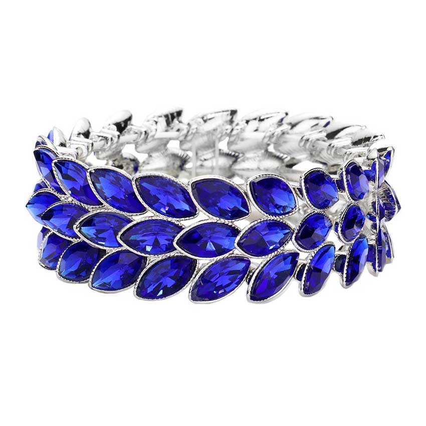 Sapphire 3Rows Marquise Stone Cluster Stretch Evening Bracelet, This Marquise Stretch Bracelet sparkles all around with it's surrounding round stones, stylish stretch bracelet that is easy to put on, take off and comfortable to wear. It looks modern and is just the right touch to set off LBD. Perfect jewelry to enhance your look. Awesome gift for birthday, Anniversary, Valentine’s Day or any special occasion.