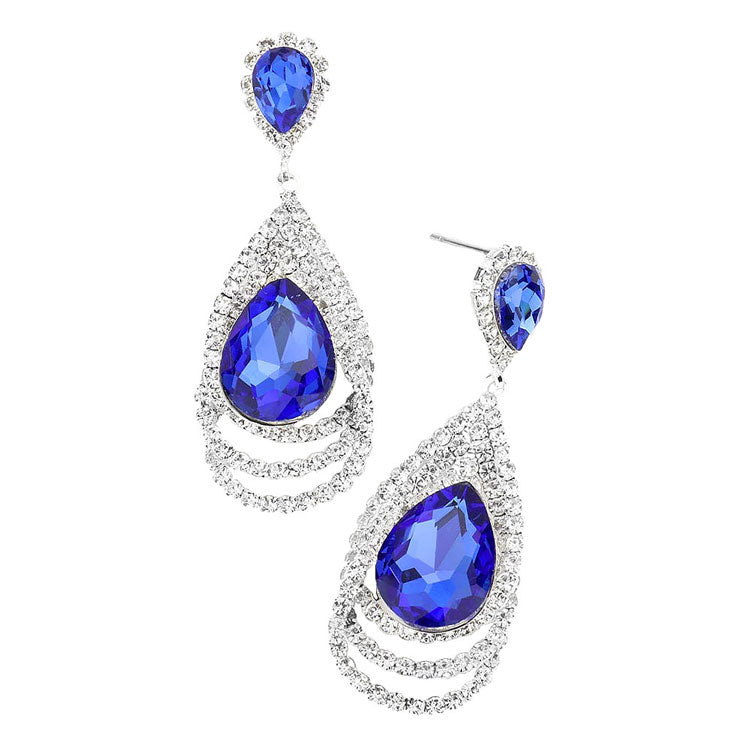 Sapphire Teardrop Centered Rhinestone Trimmed Dangle Evening Earrings. Beautifully crafted design adds a gorgeous glow to any outfit. Jewelry that fits your lifestyle! Perfect Birthday Gift, Anniversary Gift, Mother's Day Gift, Anniversary Gift, Graduation Gift, Prom Jewelry, Just Because Gift, Thank you Gift.