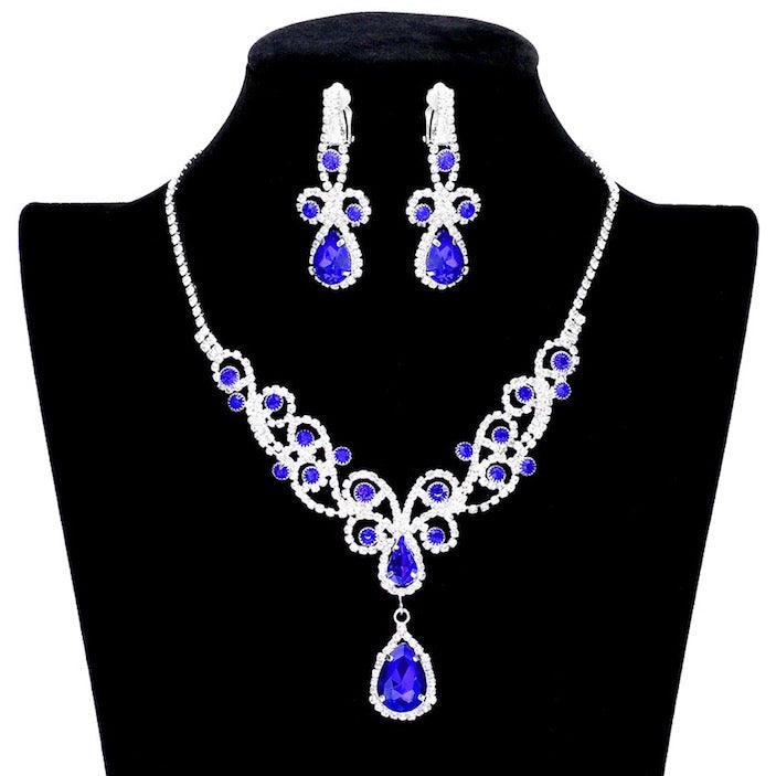 Sapphire Teardrop Crystal Rhinestone Vine Evening Necklace Clip On Earrings Set, dazzle on your Special Occasion, jewelry set will sparkle all night long. Perfect Bridal Jewelry, Birthday Gift, Mother's Day Gift, Anniversary Gift, Prom, Graduation, Sweet 16, Quinceanera, Wedding Bride, Mother of the Bride, Bridesmaid