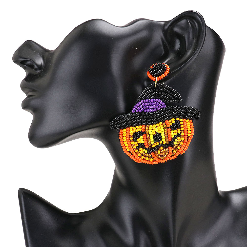 Seed Bead Witch Hat Pumpkin Earrings Halloween Earrings Seed Bead Witch Hat Jack O’ Lantern Earrings Halloween Statement Earrings